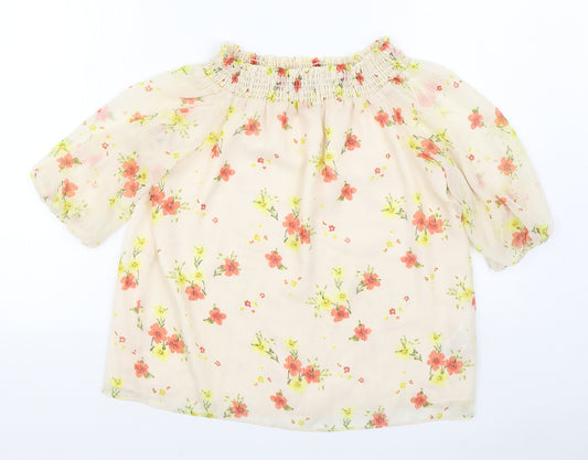 Front view of F&F women’s pink floral polyester basic blouse, size UK 12, off the shoulder