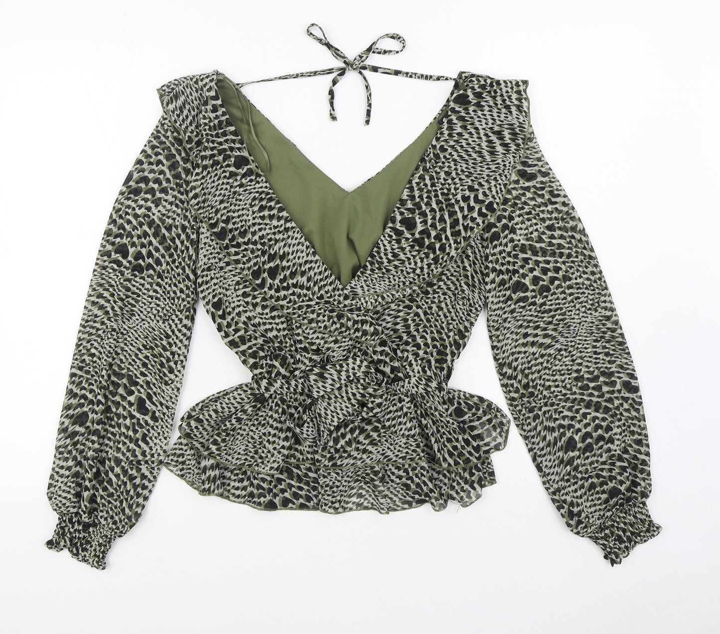 Quiz Womens Green Animal Print Polyester Basic Blouse Size 8 V-Neck