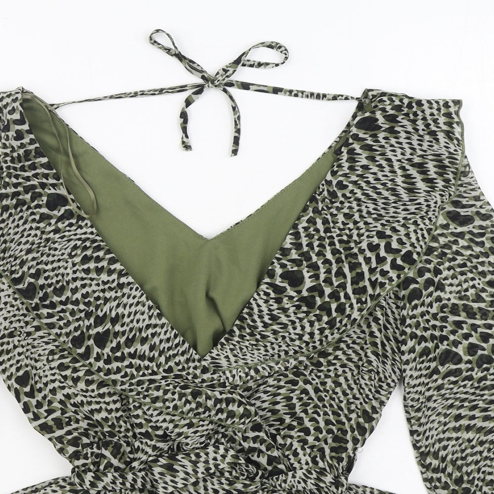 Quiz Womens Green Animal Print Polyester Basic Blouse Size 8 V-Neck