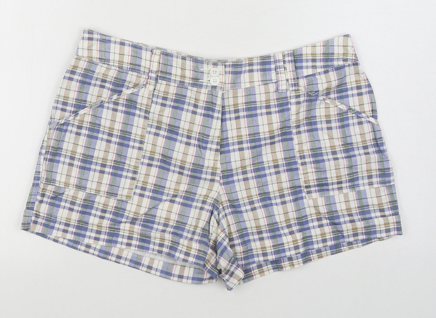 F&F Womens Blue Plaid 100% Cotton Hot Pants Shorts Size 14 Regular Zip