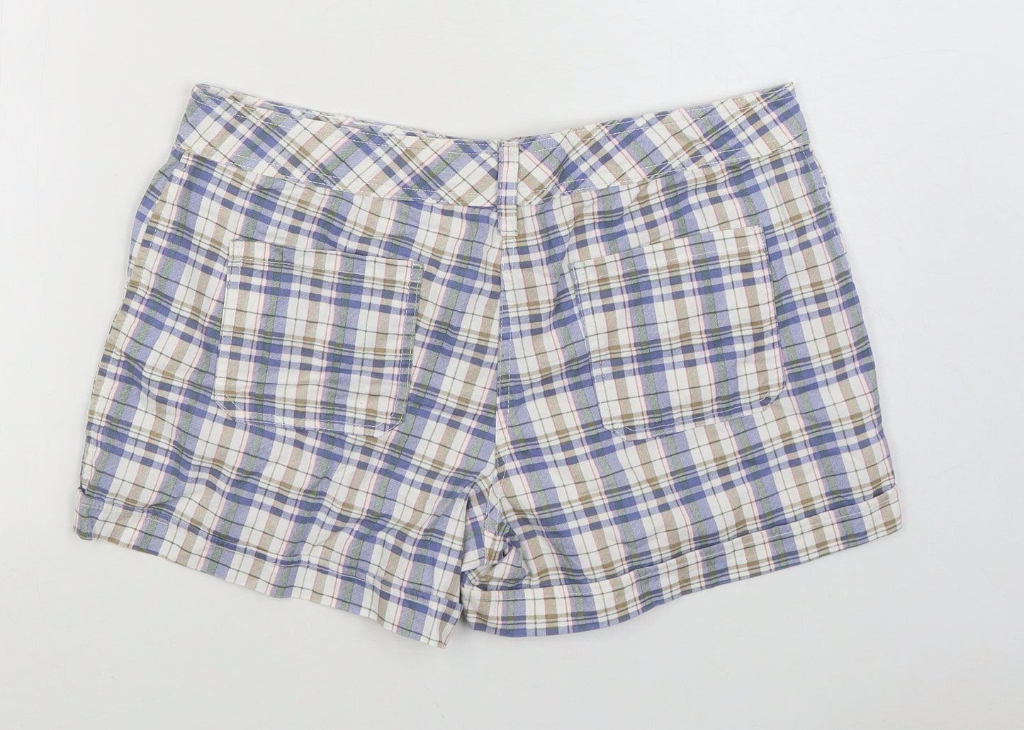 F&F Womens Blue Plaid 100% Cotton Hot Pants Shorts Size 14 Regular Zip