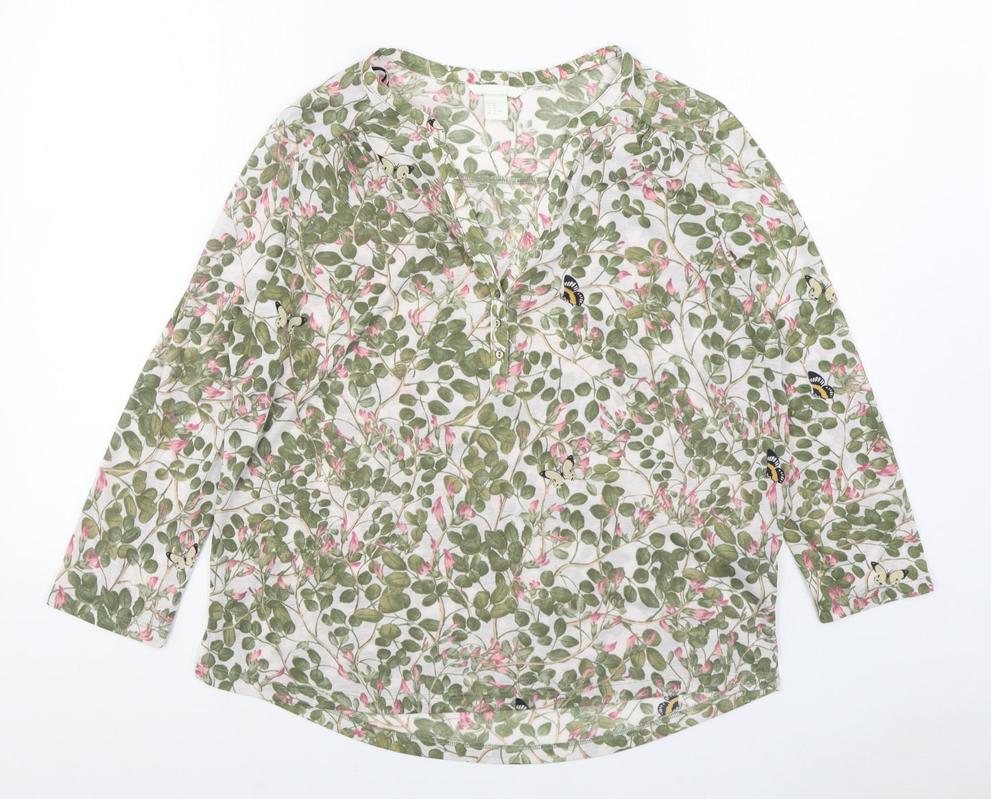 H&M Womens Green Floral Polyester Basic Blouse Size M V-Neck
