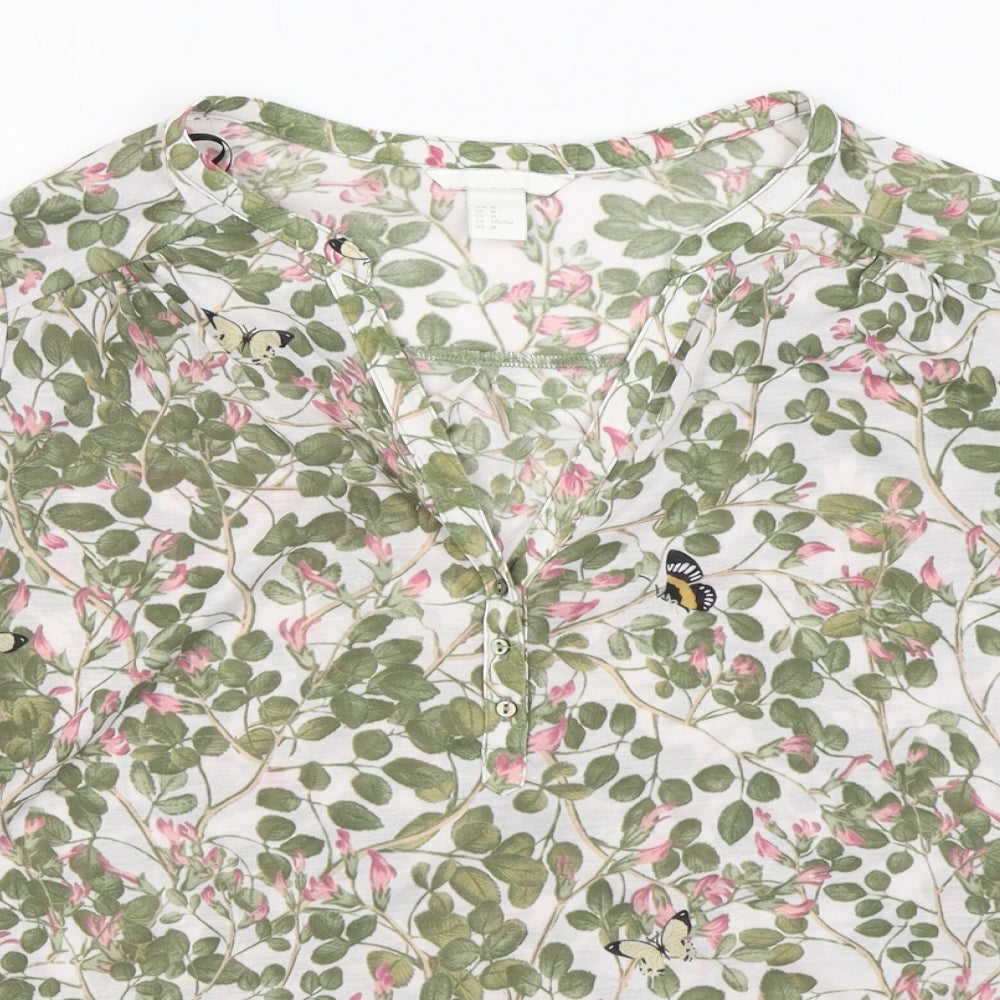 H&M Womens Green Floral Polyester Basic Blouse Size M V-Neck