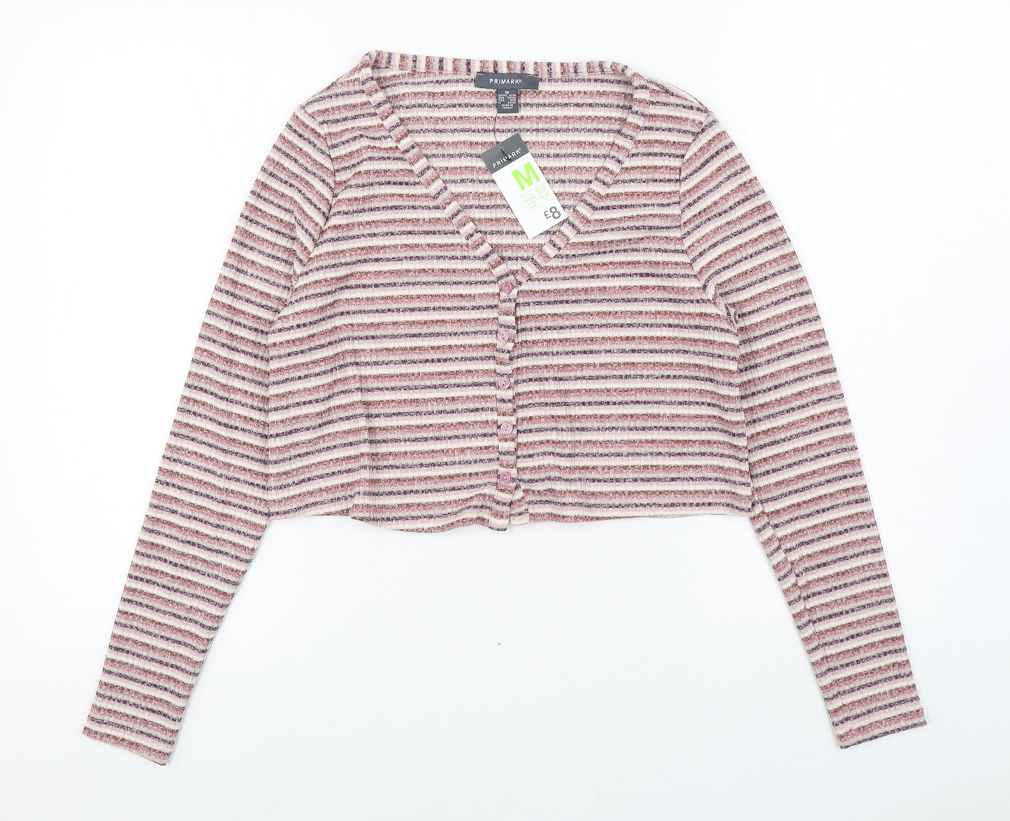 Primark Womens Multicoloured V-Neck Striped Polyester Cardigan Jumper Size M