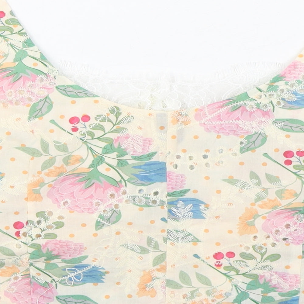 SheIn Womens Multicoloured Floral 100% Cotton Cropped Blouse Size XL Square Neck