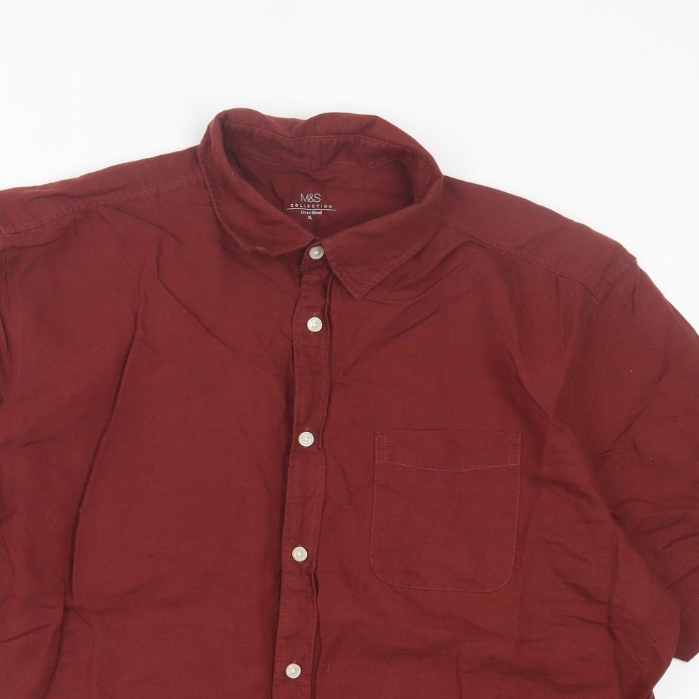 Marks and Spencer Mens Brown Linen Button-Up Size XL Collared Button