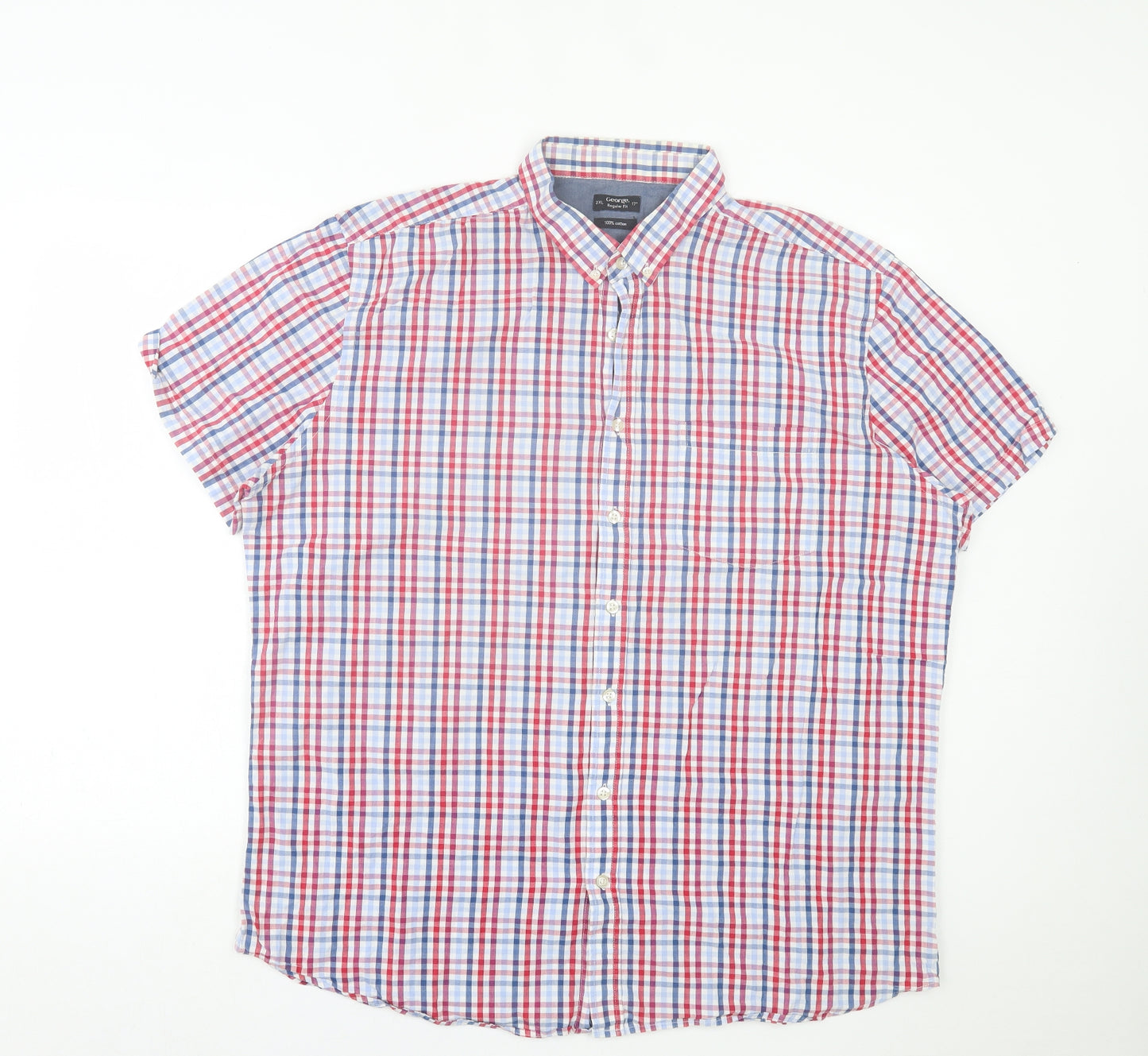 George Mens Red Plaid Cotton Button-Up Size 2XL Collared Button