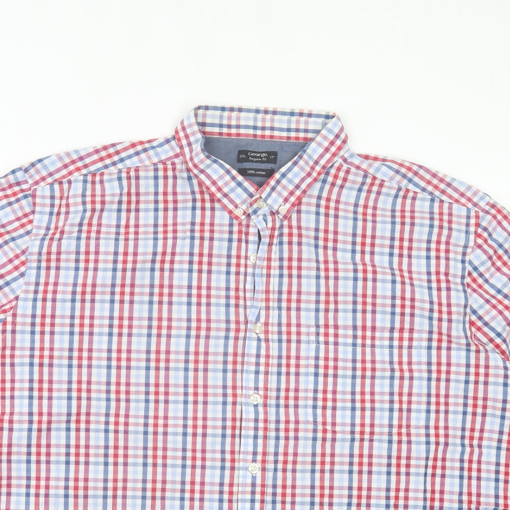 George Mens Red Plaid Cotton Button-Up Size 2XL Collared Button