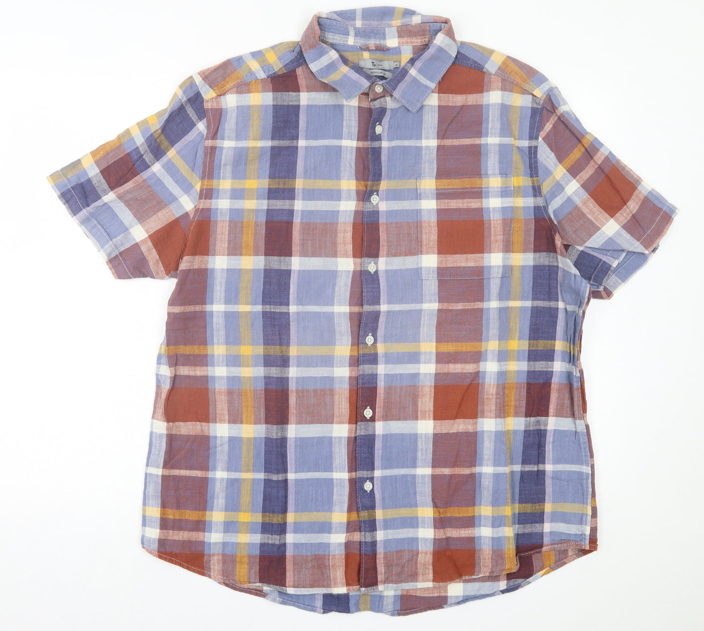 TU Mens Multicoloured Plaid Cotton Button-Up Size XL Collared Button