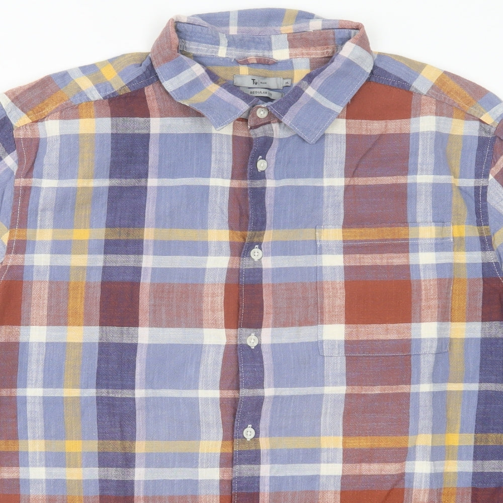 TU Mens Multicoloured Plaid Cotton Button-Up Size XL Collared Button