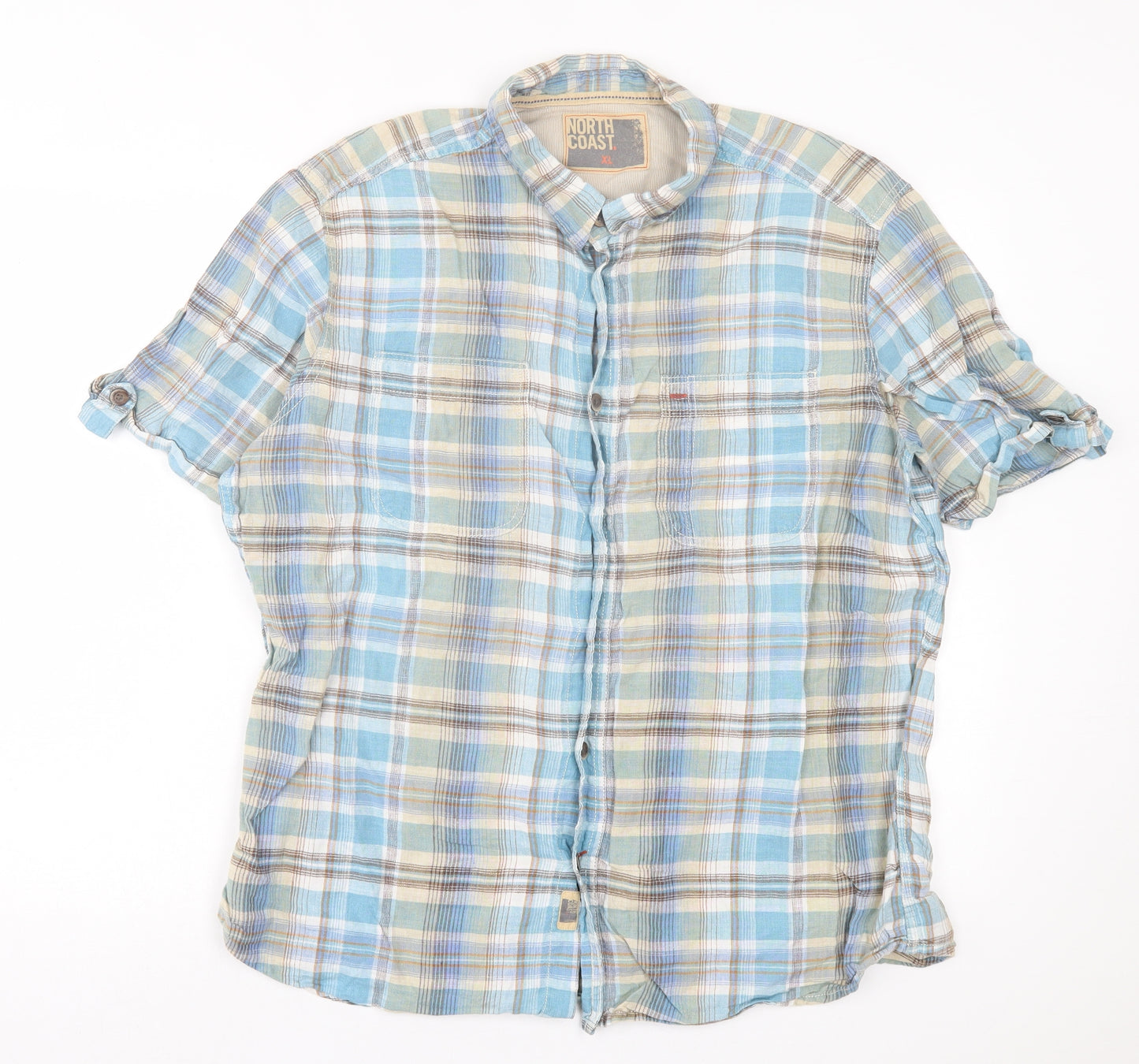 Marks and Spencer Mens Blue Plaid Linen Button-Up Size XL Collared Button
