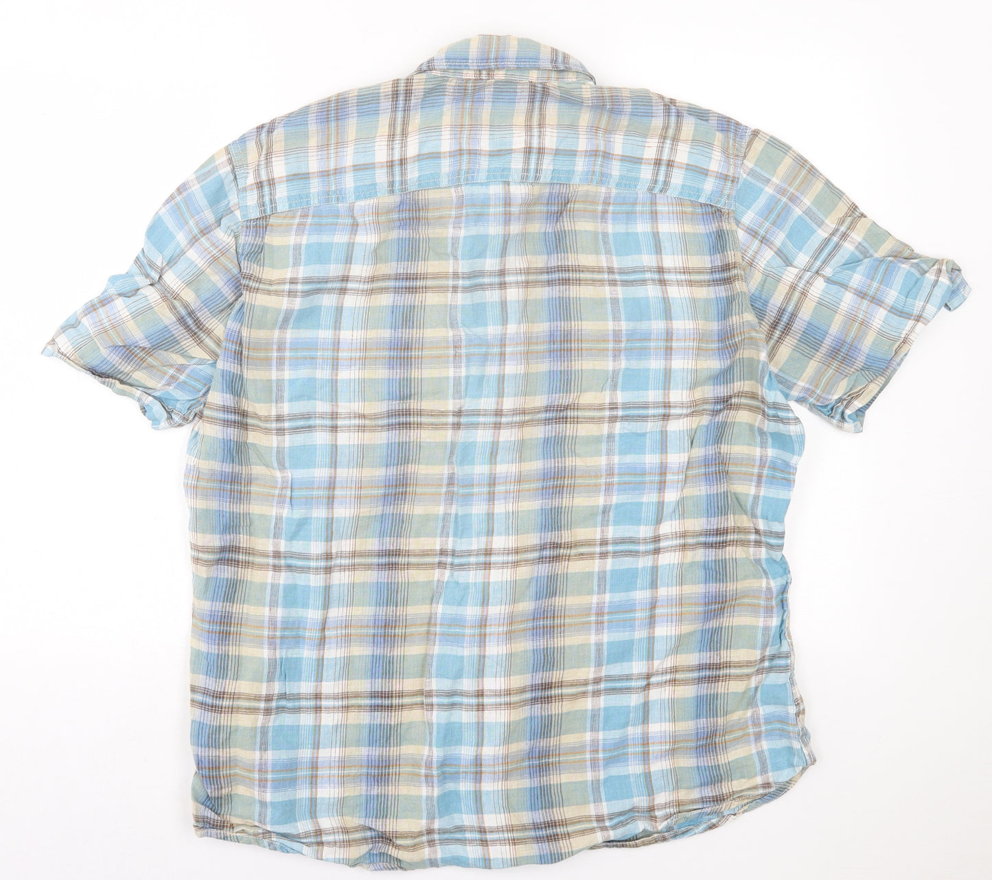 Marks and Spencer Mens Blue Plaid Linen Button-Up Size XL Collared Button