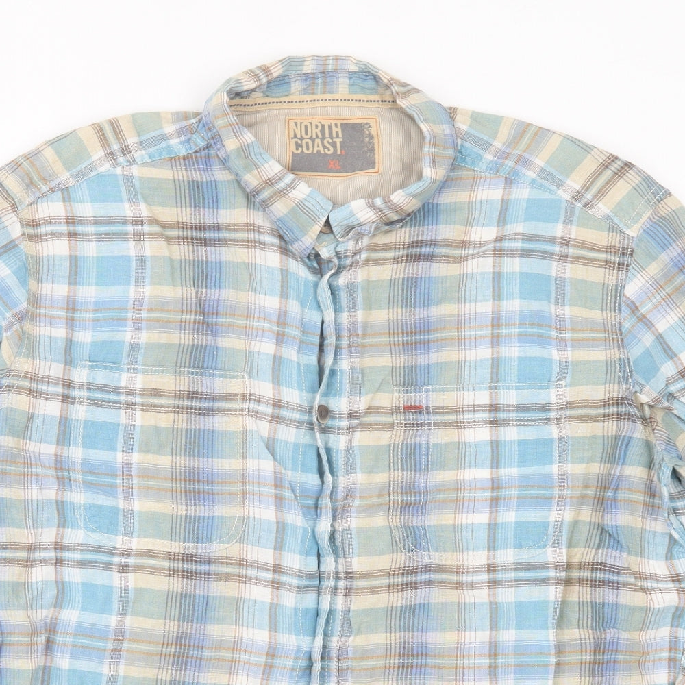 Marks and Spencer Mens Blue Plaid Linen Button-Up Size XL Collared Button