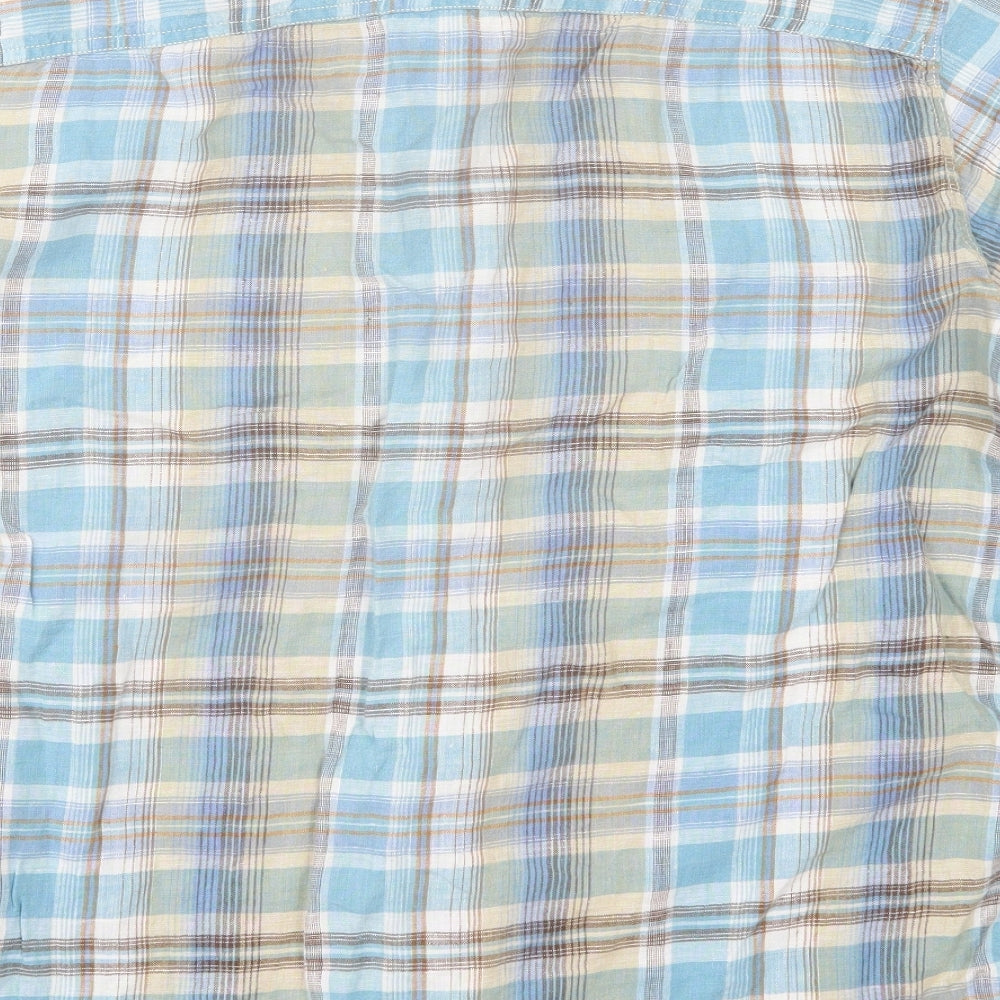 Marks and Spencer Mens Blue Plaid Linen Button-Up Size XL Collared Button