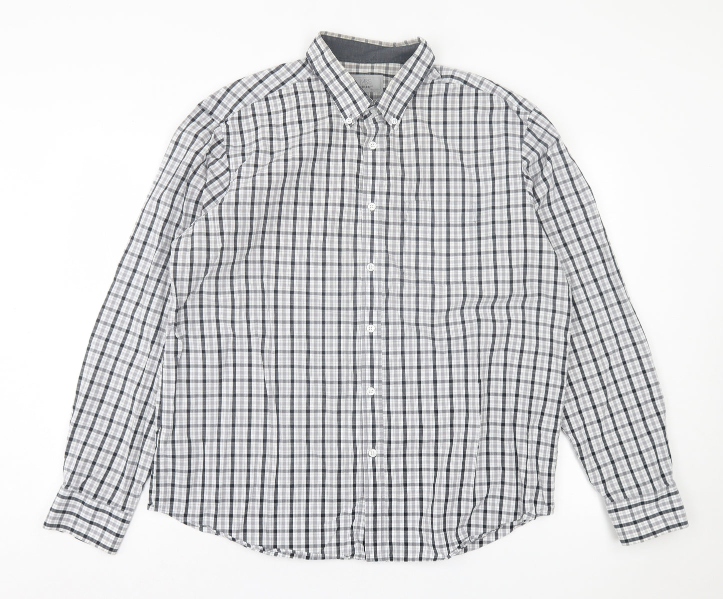 Marks and Spencer Mens Grey Plaid Cotton Button-Up Size XL Collared Button