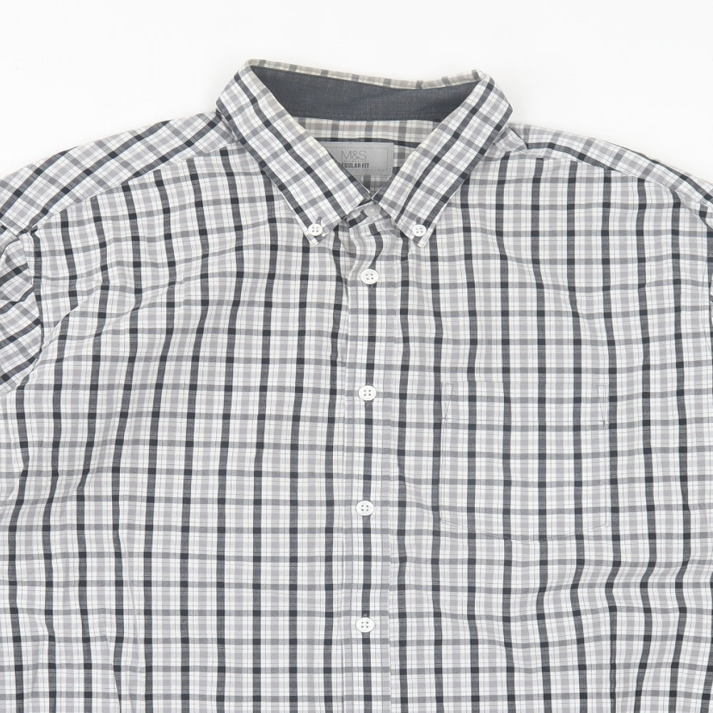 Marks and Spencer Mens Grey Plaid Cotton Button-Up Size XL Collared Button