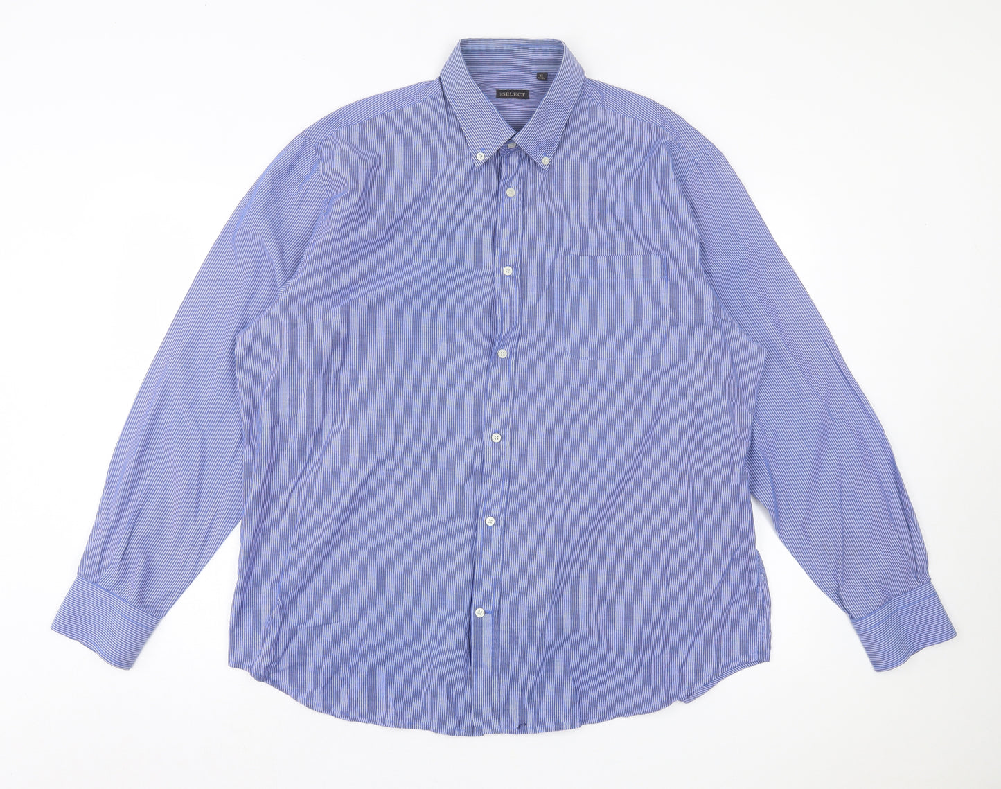Select Mens Blue Striped Polyester Button-Up Size XL Collared Button