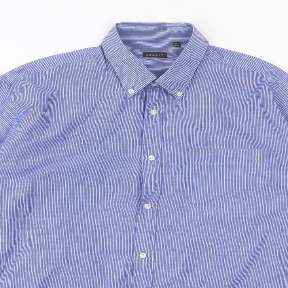 Select Mens Blue Striped Polyester Button-Up Size XL Collared Button