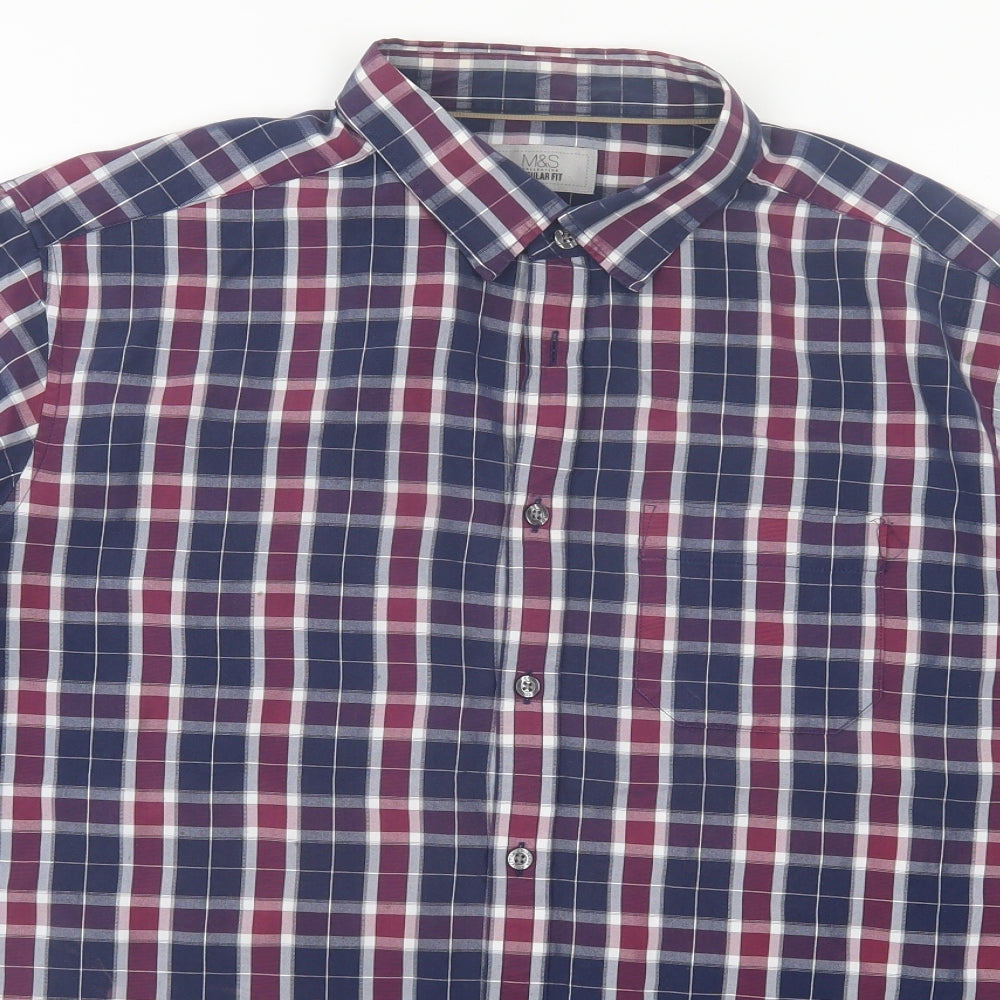 Marks and Spencer Mens Blue Plaid Cotton Button-Up Size XL Collared Button