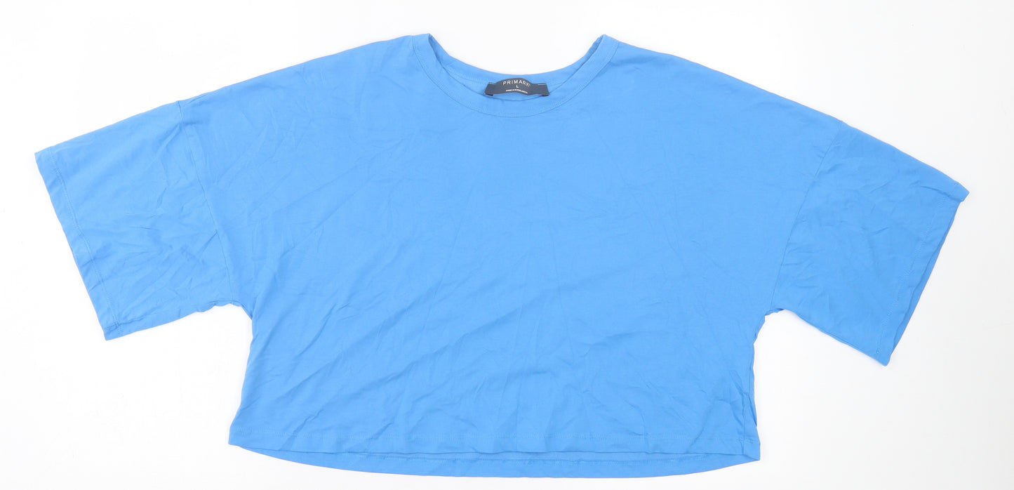 Primark Womens Blue Polyester Cropped T-Shirt Size L Crew Neck