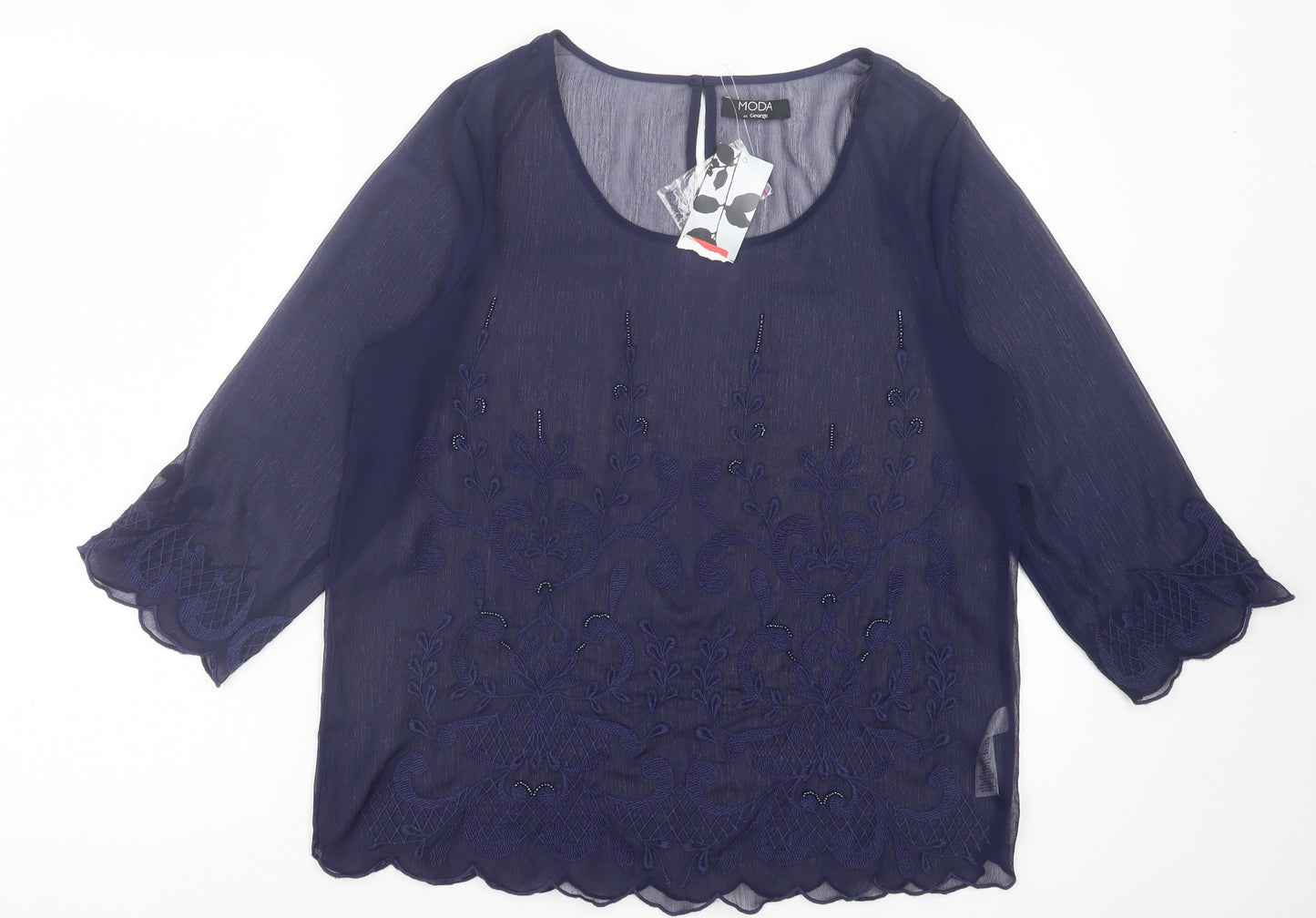 George Womens Blue Floral Polyester Basic Blouse Size 14 Crew Neck