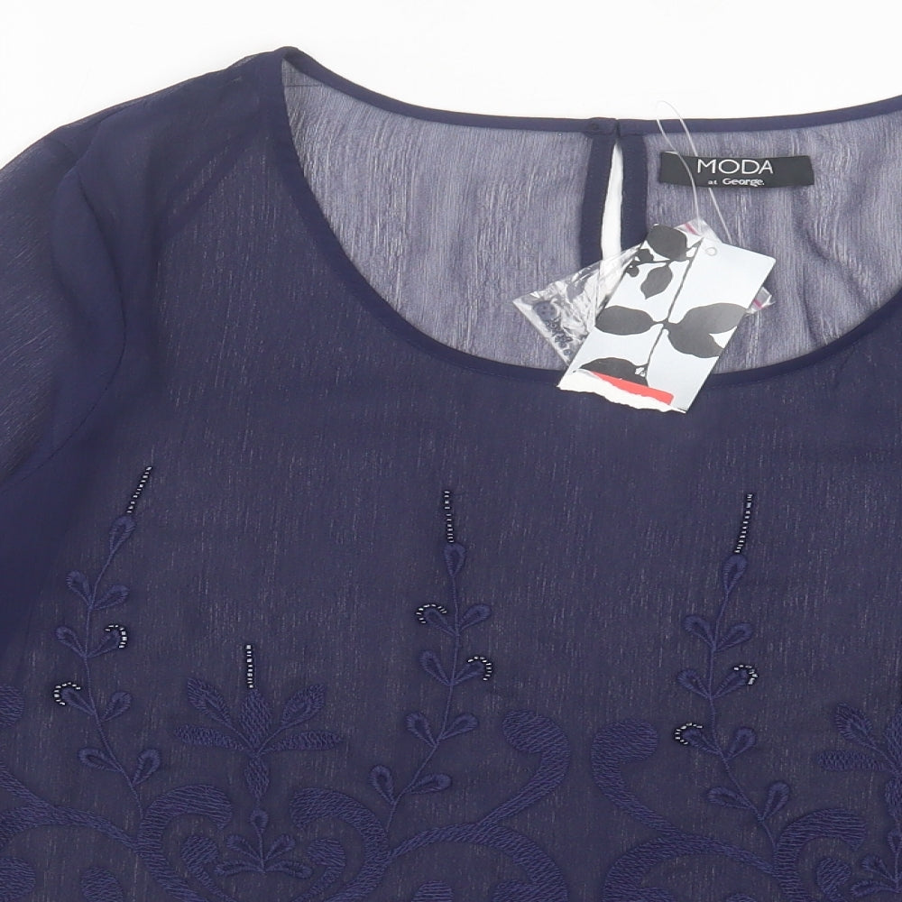 George Womens Blue Floral Polyester Basic Blouse Size 14 Crew Neck