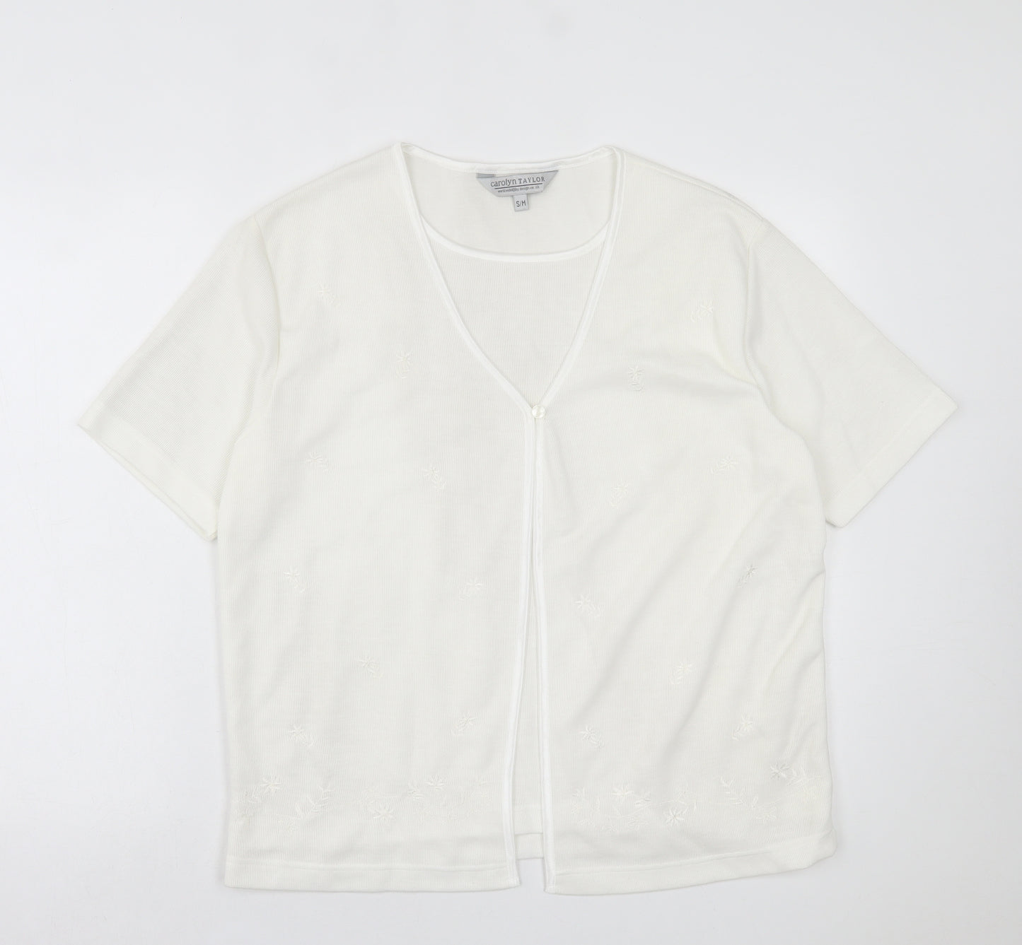Carolyn Taylor Womens White Floral Polyester Basic T-Shirt Size S V-Neck