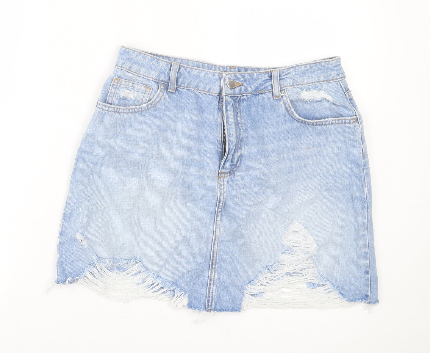 Primark Womens Blue Cotton A-Line Skirt Size 14 Button