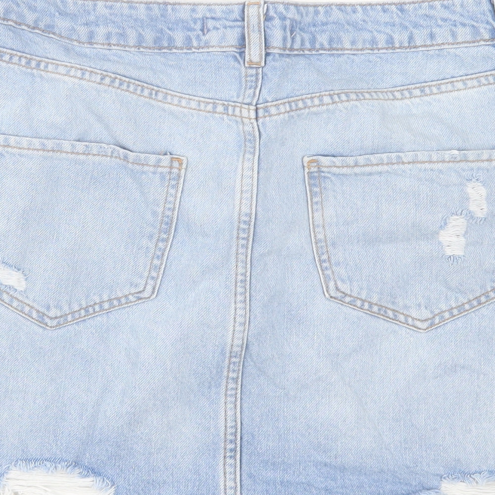 Primark Womens Blue Cotton A-Line Skirt Size 14 Button
