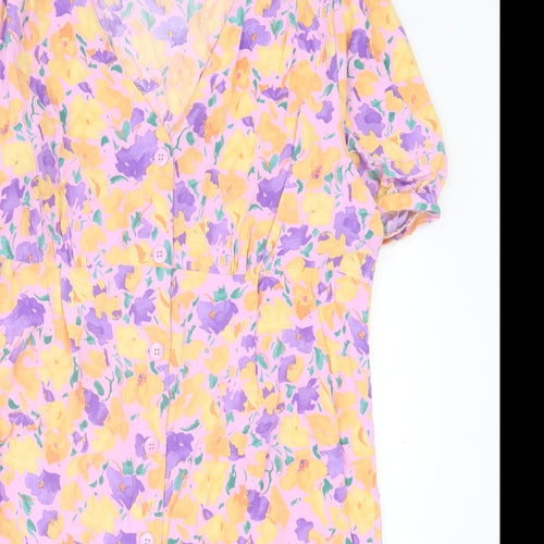 Primark Womens Purple Floral Viscose A-Line Size 16 V-Neck Button