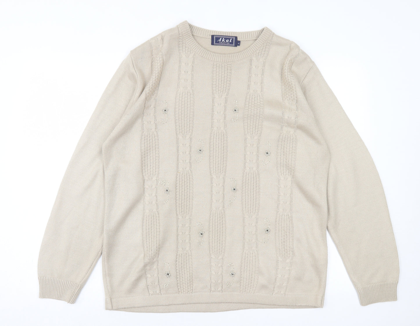 Akal Womens Beige Crew Neck Floral Acrylic Pullover Jumper Size L