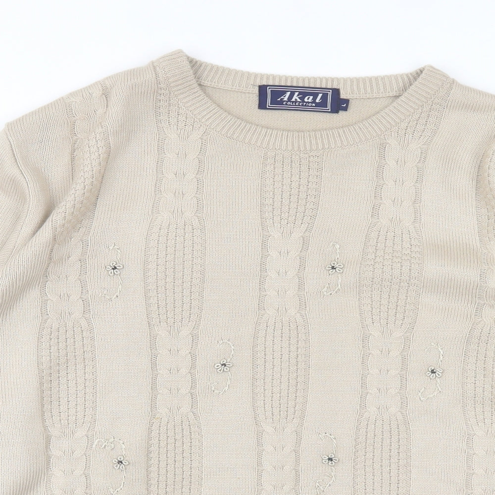Akal Womens Beige Crew Neck Floral Acrylic Pullover Jumper Size L