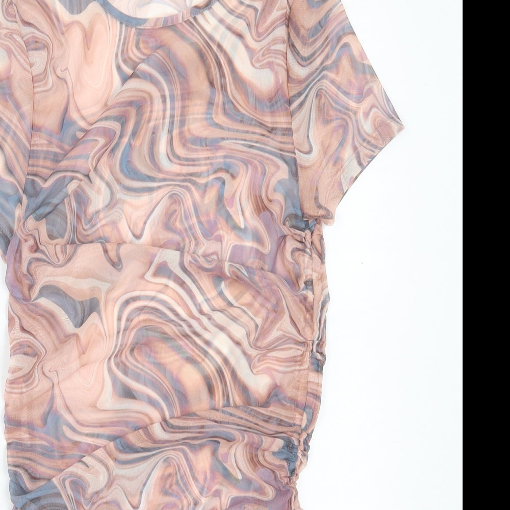 New Look Womens Multicoloured Geometric Polyester Basic T-Shirt Size 12 Crew Neck
