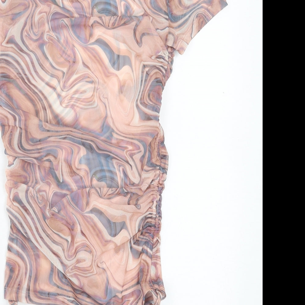 New Look Womens Multicoloured Geometric Polyester Basic T-Shirt Size 12 Crew Neck