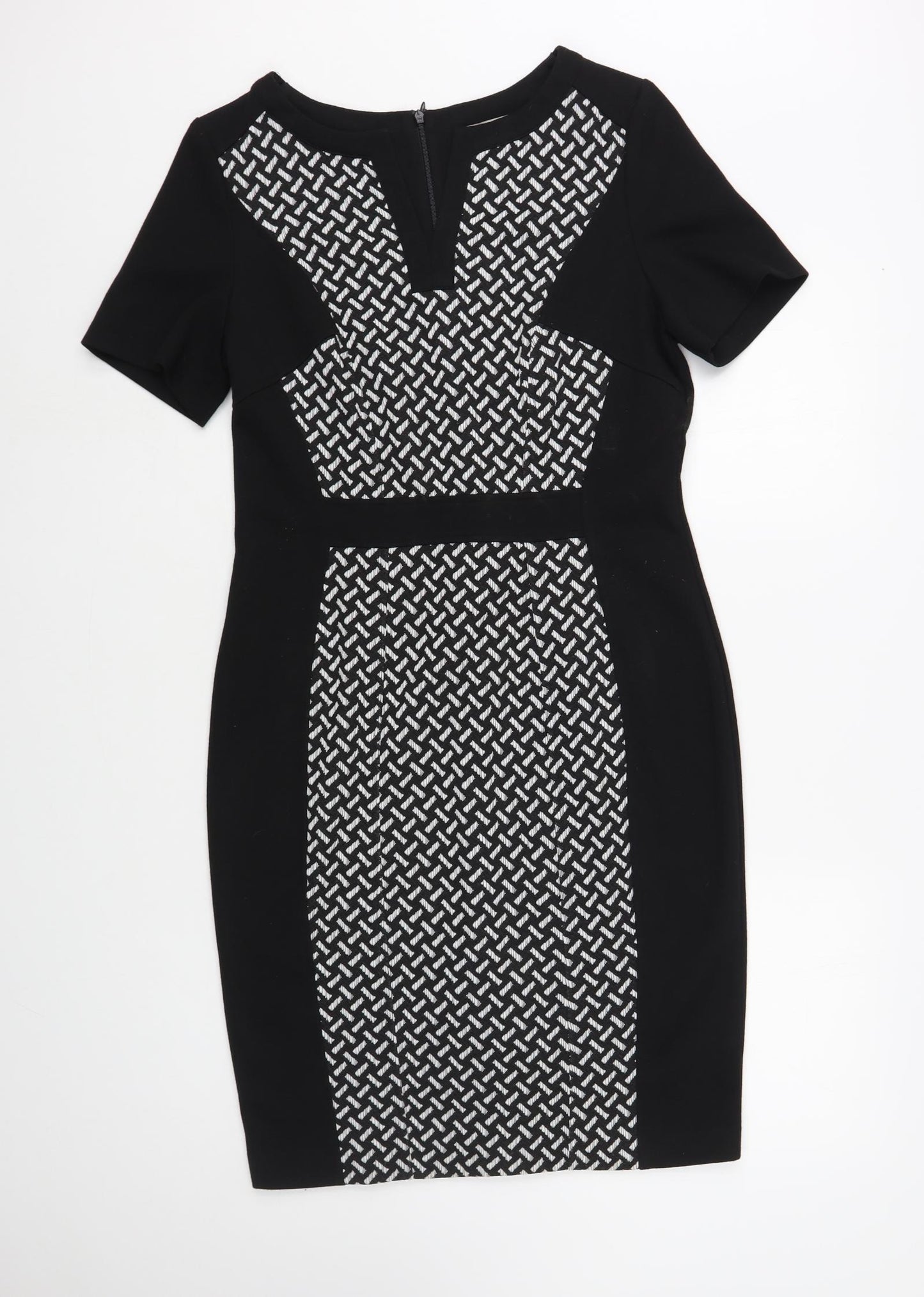 George Womens Black Geometric Polyester Pencil Dress Size 14 V-Neck Zip