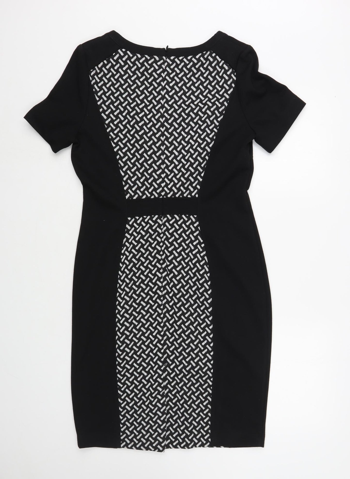 George Womens Black Geometric Polyester Pencil Dress Size 14 V-Neck Zip
