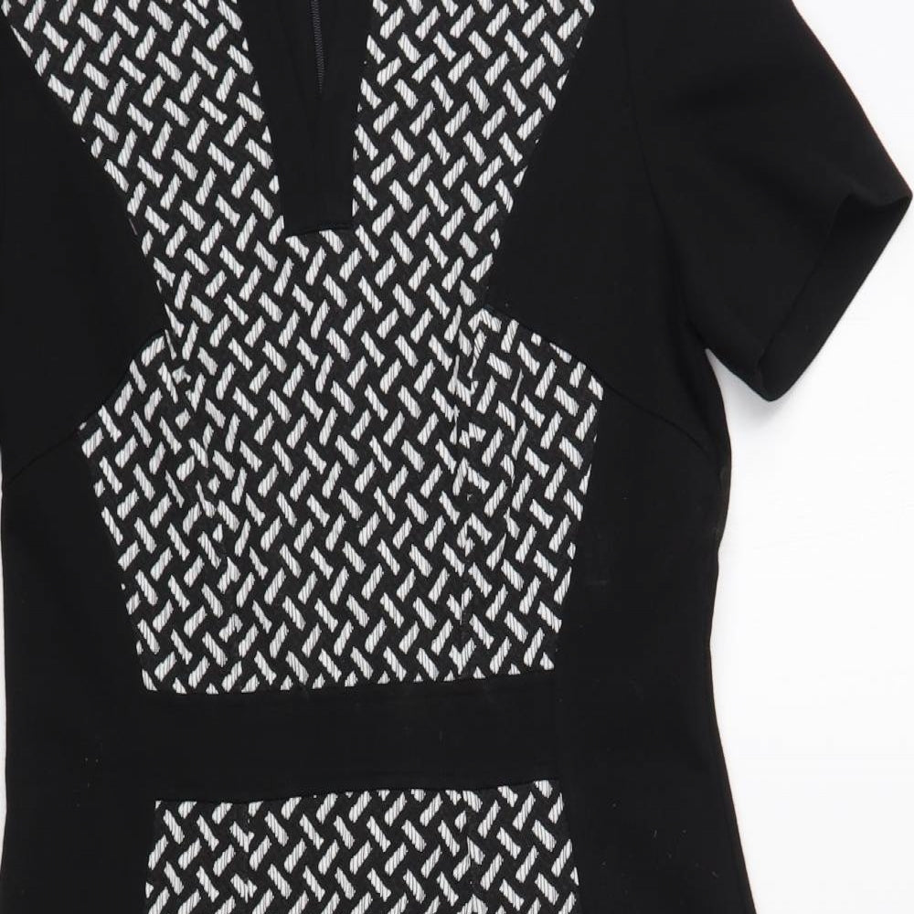 George Womens Black Geometric Polyester Pencil Dress Size 14 V-Neck Zip