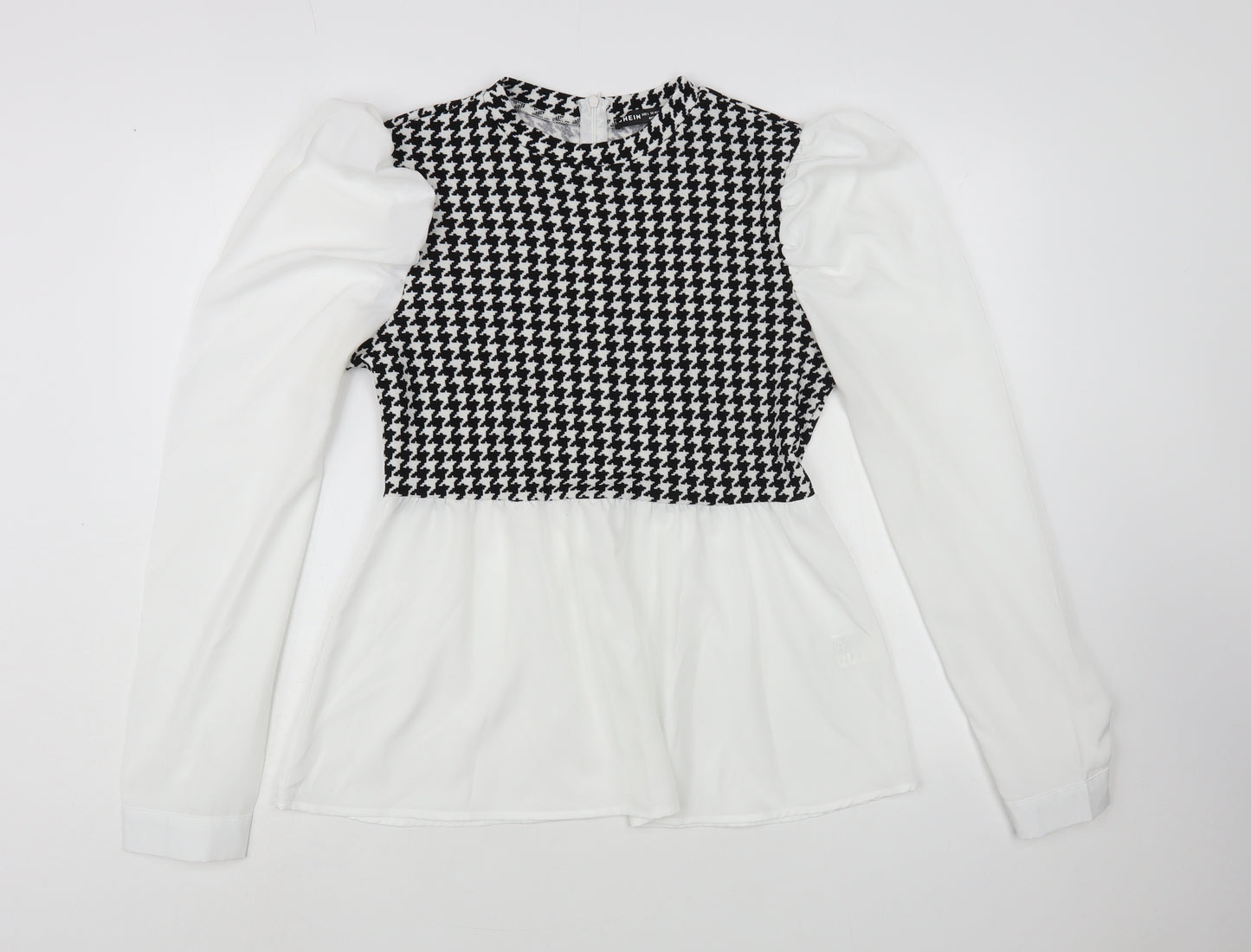 SheIn Womens White Houndstooth Polyester Basic Blouse Size L Crew Neck
