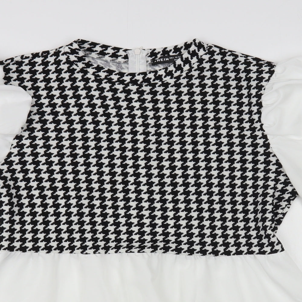 SheIn Womens White Houndstooth Polyester Basic Blouse Size L Crew Neck