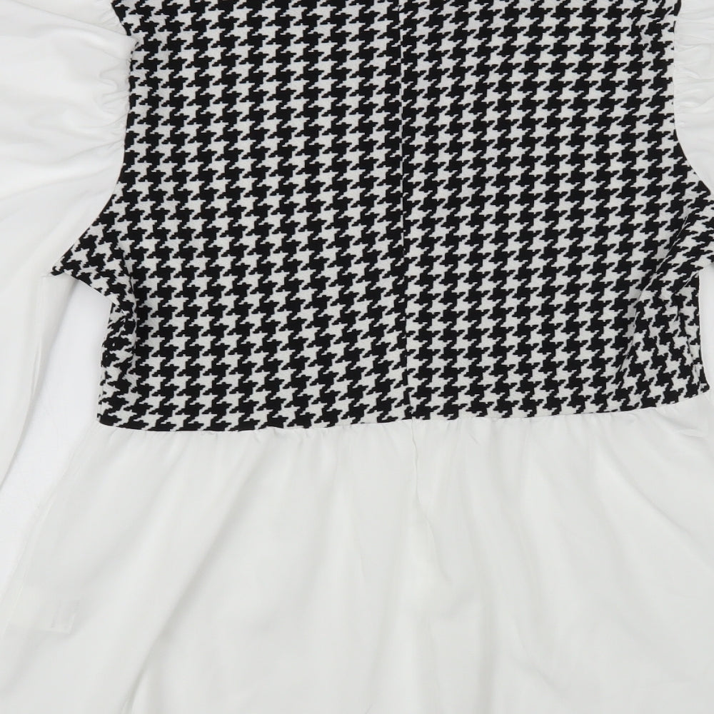 SheIn Womens White Houndstooth Polyester Basic Blouse Size L Crew Neck