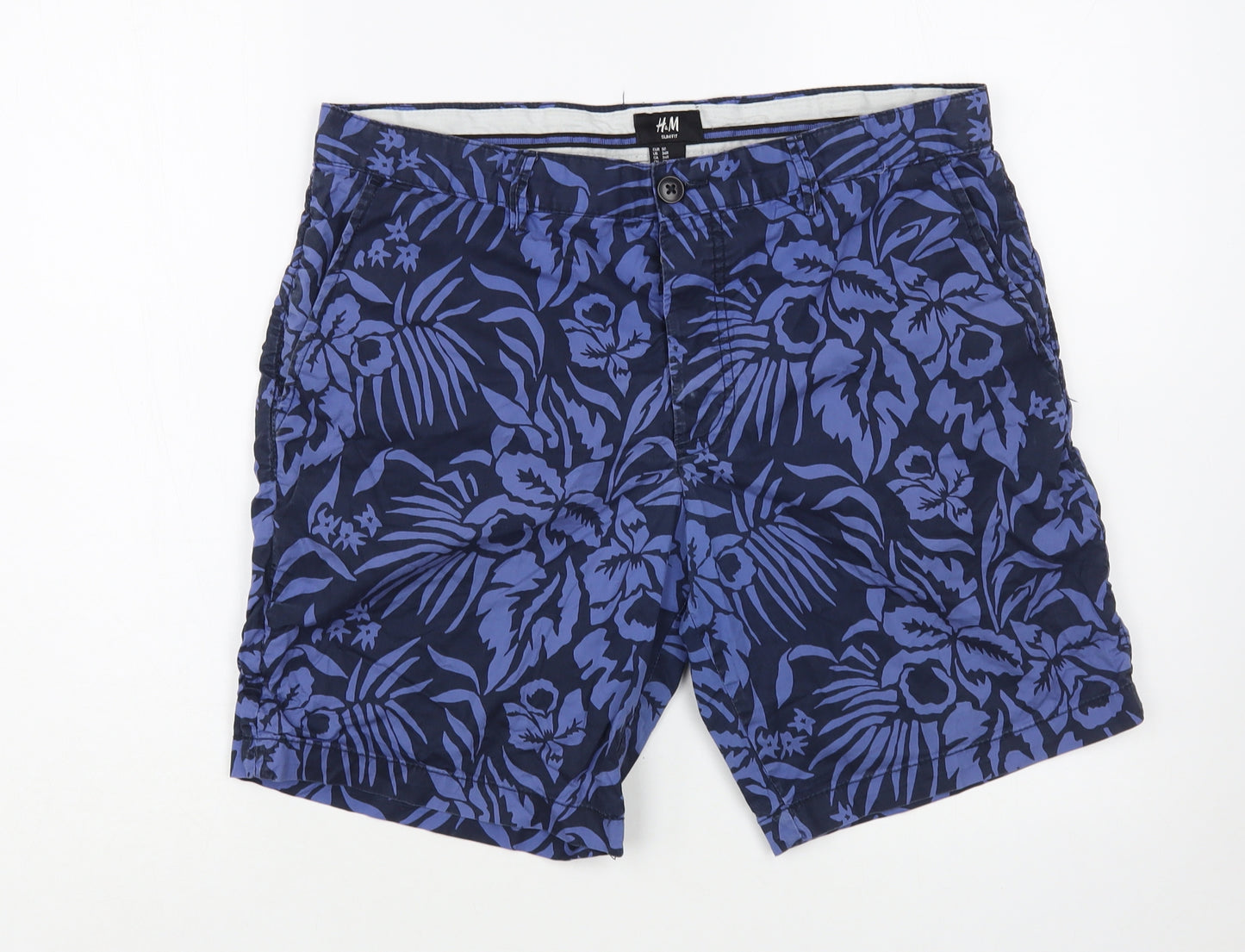 H&M Mens Blue Floral Cotton Bermuda Shorts Size 34 in L8 in Regular Button
