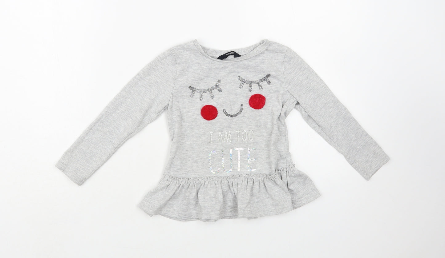 George Girls Grey Polyester Pullover T-Shirt Size 3-4 Years Crew Neck Pullover - Too Cute