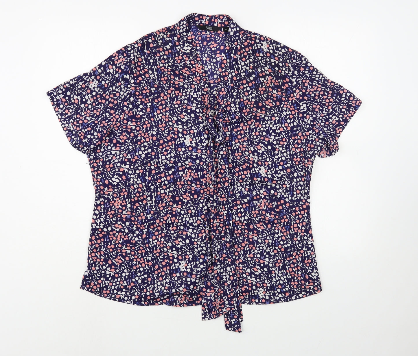 Simon Jersey Womens Blue Floral Polyester Basic Blouse Size 14 V-Neck