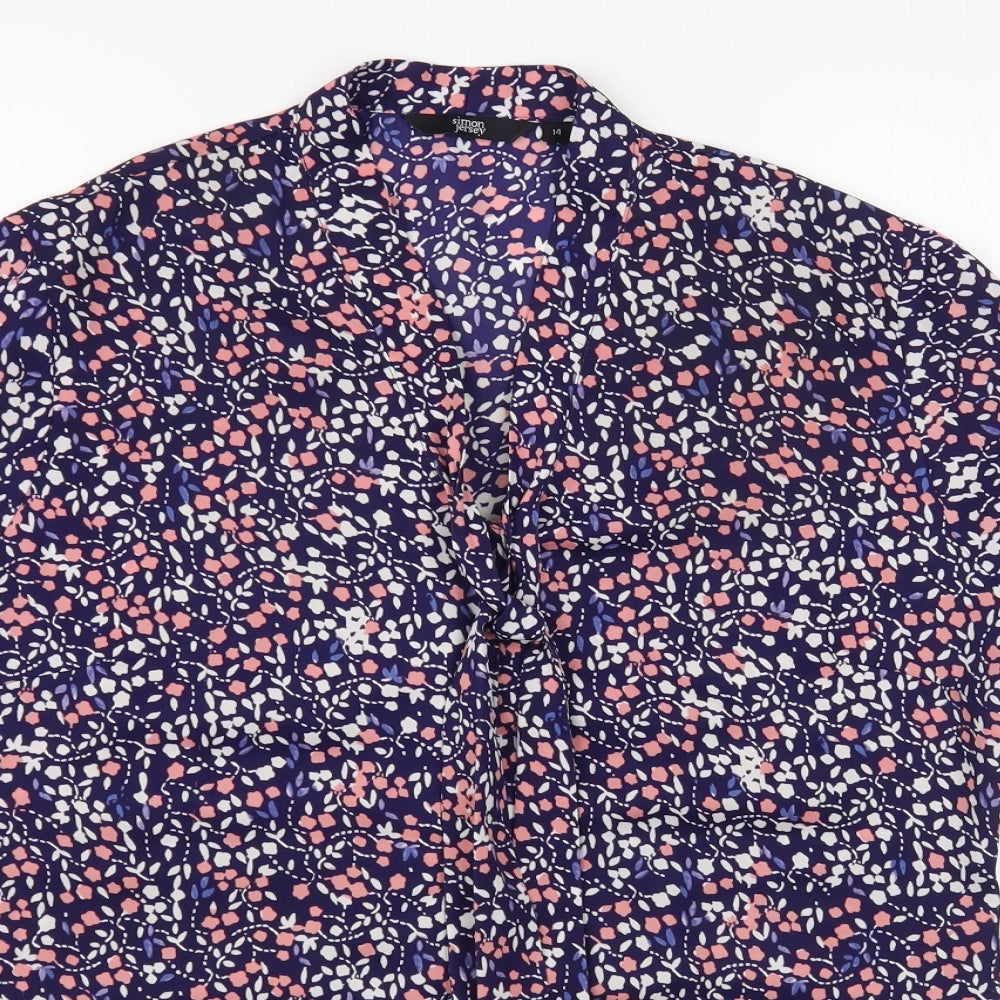 Simon Jersey Womens Blue Floral Polyester Basic Blouse Size 14 V-Neck