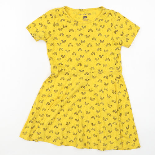 F&F Girls Yellow Geometric Cotton T-Shirt Dress Size 6-7 Years Crew Neck Pullover - Rainbow Print