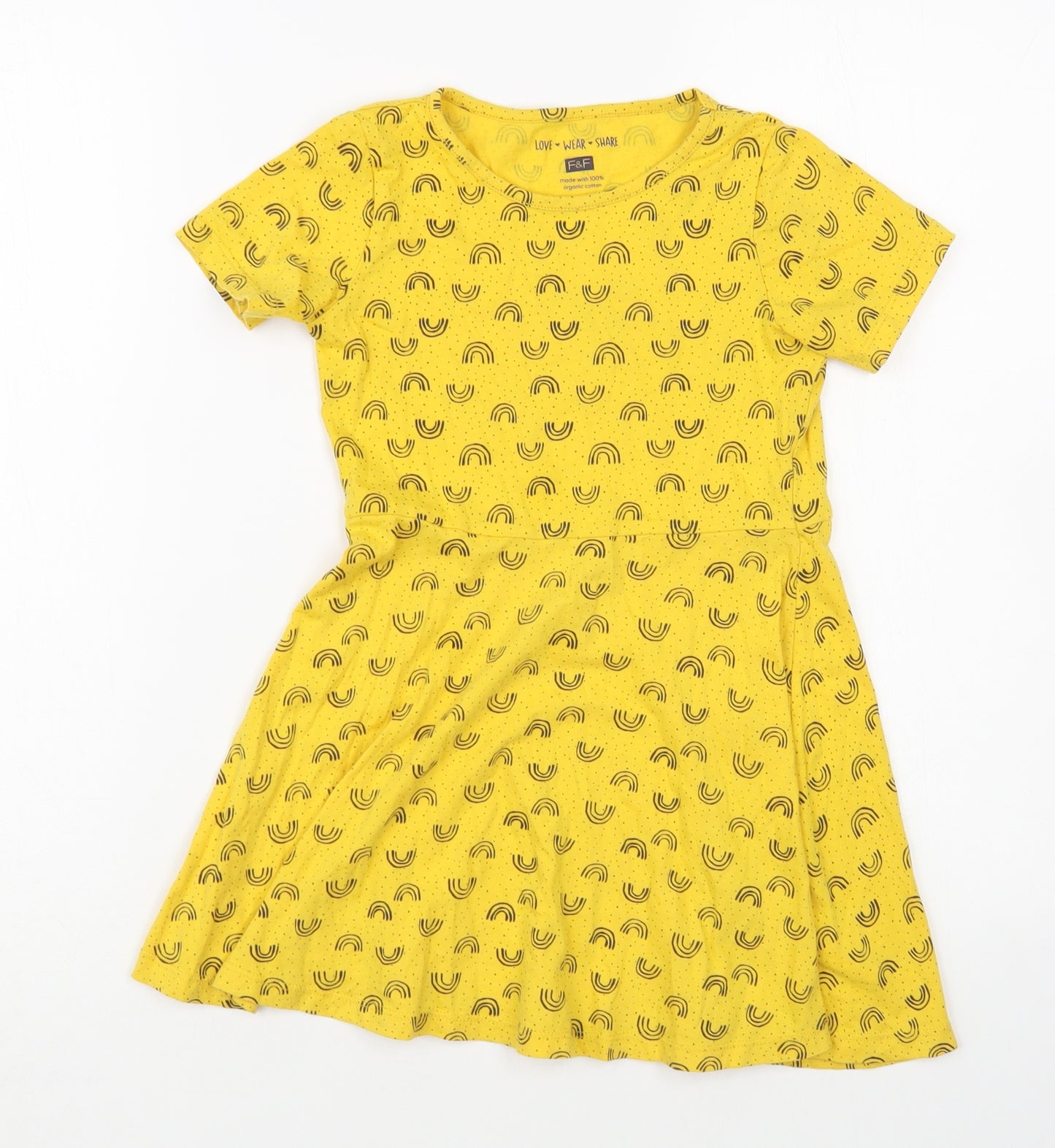 F&F Girls Yellow Geometric Cotton T-Shirt Dress Size 6-7 Years Crew Neck Pullover - Rainbow Print