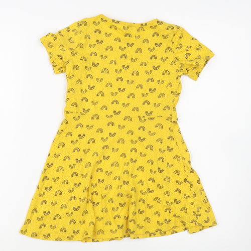 F&F Girls Yellow Geometric Cotton T-Shirt Dress Size 6-7 Years Crew Neck Pullover - Rainbow Print