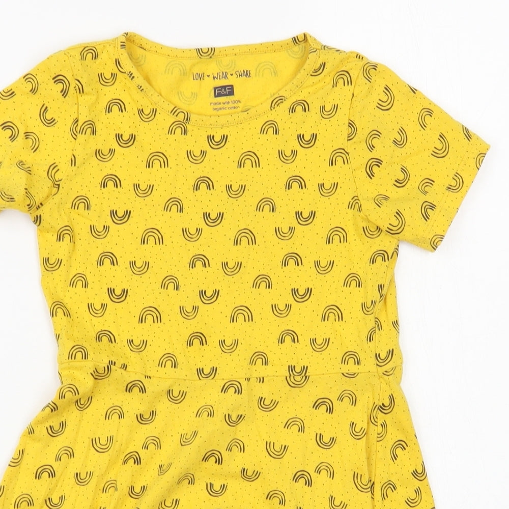 F&F Girls Yellow Geometric Cotton T-Shirt Dress Size 6-7 Years Crew Neck Pullover - Rainbow Print