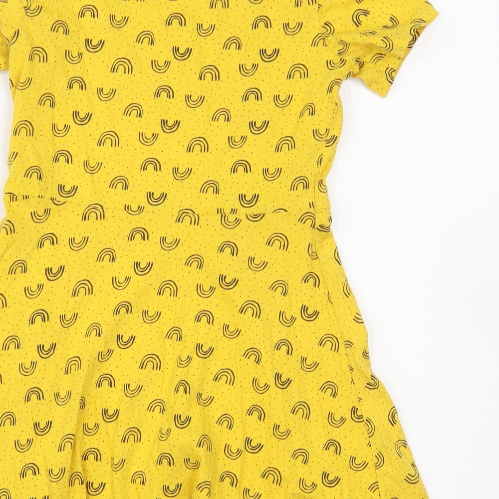 F&F Girls Yellow Geometric Cotton T-Shirt Dress Size 6-7 Years Crew Neck Pullover - Rainbow Print