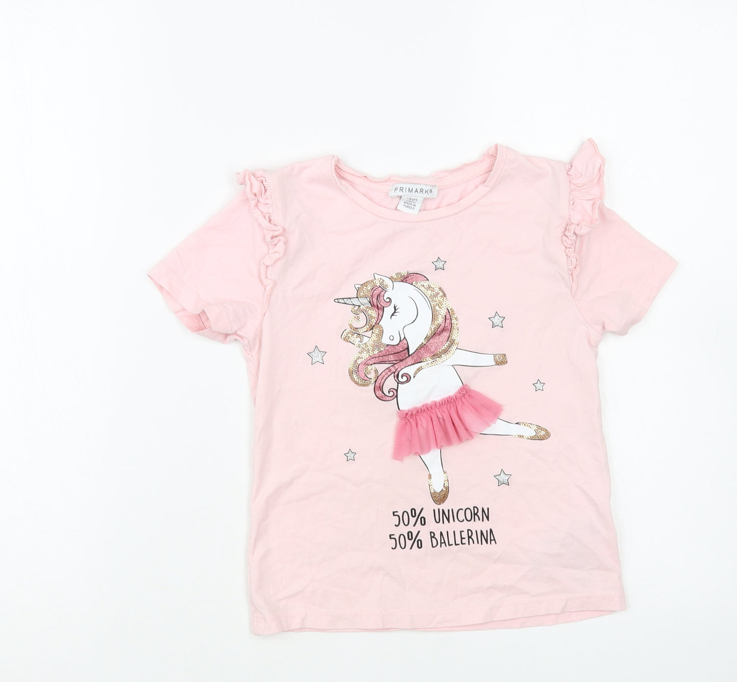 Primark Girls Pink Cotton Pullover T-Shirt Size 7-8 Years Crew Neck Pullover - Unicorn